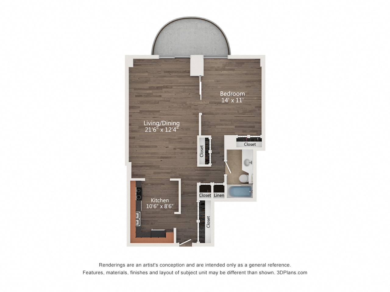 Floor plan for 1 bed, 1 bath, 710 sqft